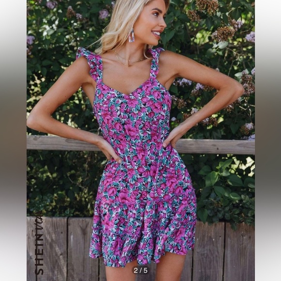SHEIN VCAY Purple & Blue Floral Print Ruffled Self-Tie Cut Out Mini Dress - Picture 2 of 12